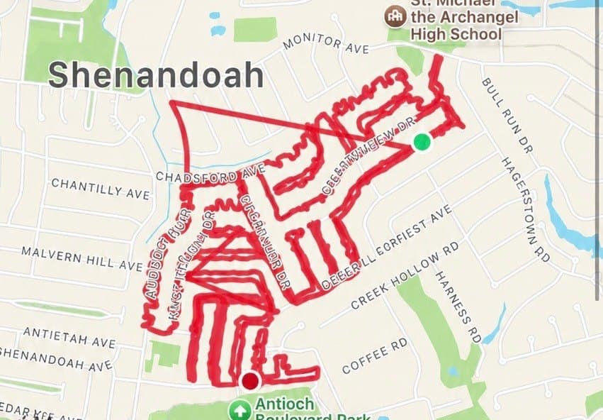 GPS-tracked door-hanger delivery route through a neighborhood